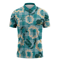 Aloha Hawaii Paniolo Teal Palaka Zipper Polo Shirt Coastal Rodeo - Polynesian Pride