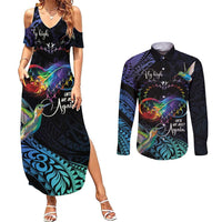 Polynesian Cancers Awareness Couples Matching Summer Maxi Dress and Long Sleeve Button Shirt Hummingbird - Fly High Until We Meet Again