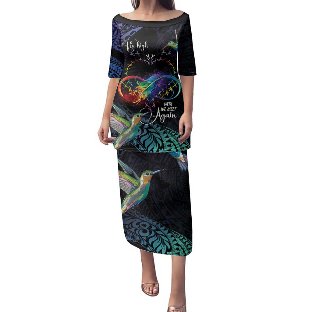 Polynesian Cancers Awareness Family Matching Puletasi and Hawaiian Shirt Hummingbird - Fly High Until We Meet Again