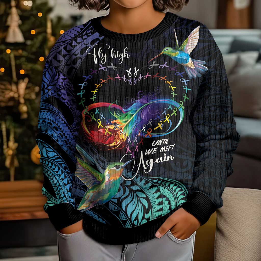 Polynesian Cancers Awareness Kid Ugly Christmas Sweater Hummingbird - Fly High Until We Meet Again