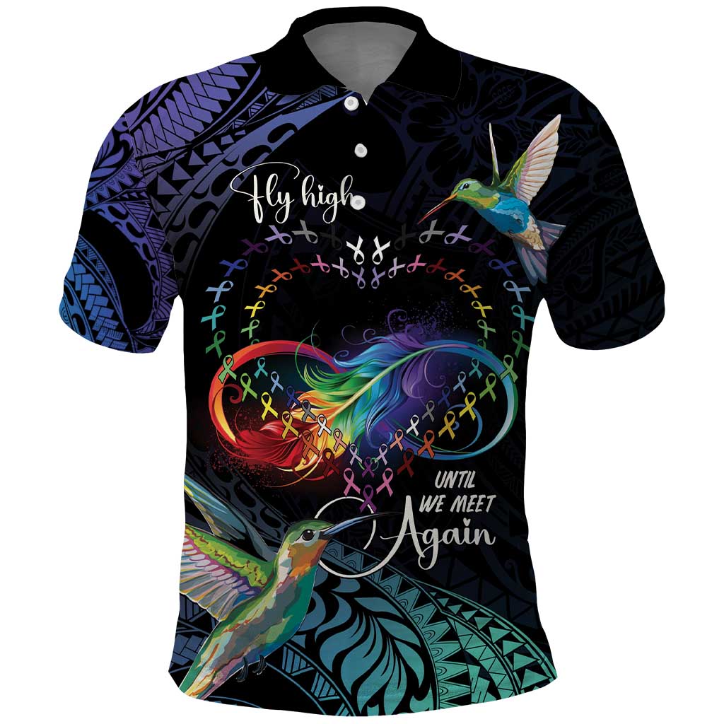 Polynesian Cancers Awareness Polo Shirt Hummingbird - Fly High Until We Meet Again