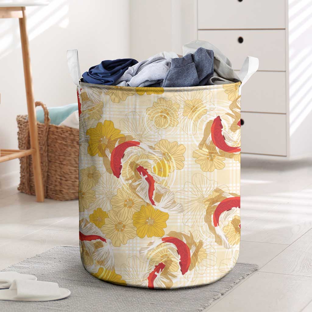 Beige Palaka Hawaii Aloha Laundry Basket Koi Pond Mix Ilima Flowers - Polynesian Pride