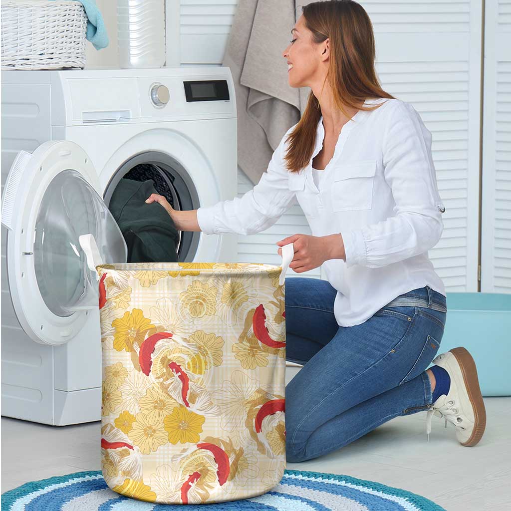 Beige Palaka Hawaii Aloha Laundry Basket Koi Pond Mix Ilima Flowers - Polynesian Pride