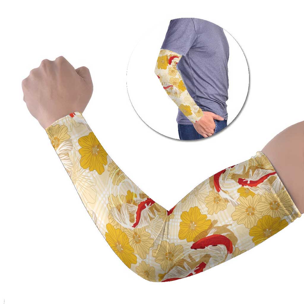 Beige Palaka Hawaii Aloha Arm Sleeves Koi Pond Mix Ilima Flowers - Polynesian Pride