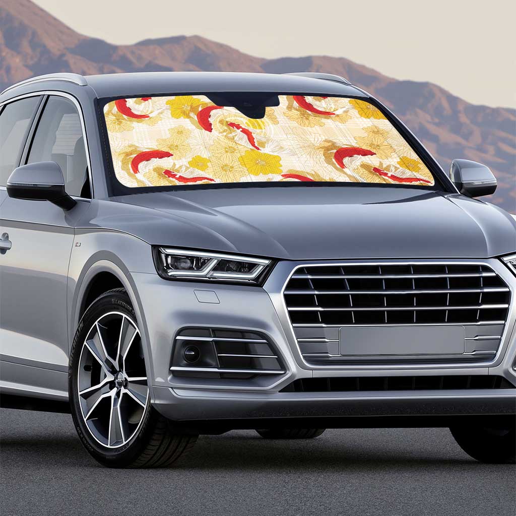 Beige Palaka Hawaii Aloha Auto Sun Shade Koi Pond Mix Ilima Flowers - Polynesian Pride