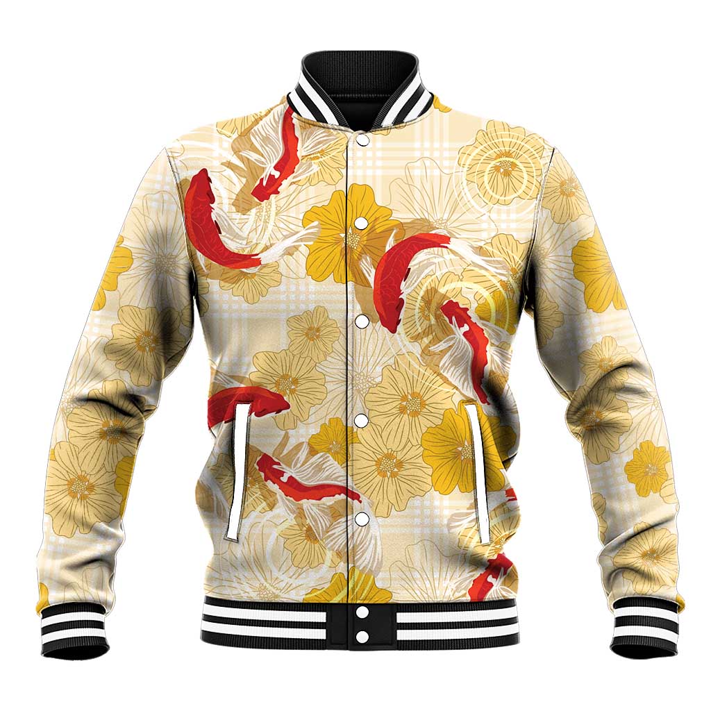 Beige Palaka Hawaii Aloha Baseball Jacket Koi Pond Mix Ilima Flowers - Polynesian Pride