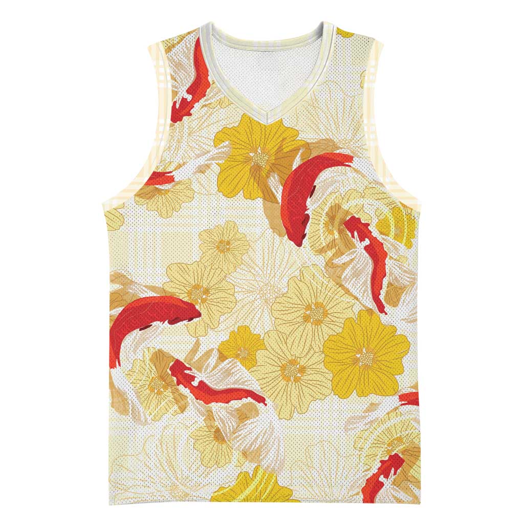 Beige Palaka Hawaii Aloha Basketball Jersey Koi Pond Mix Ilima Flowers - Polynesian Pride