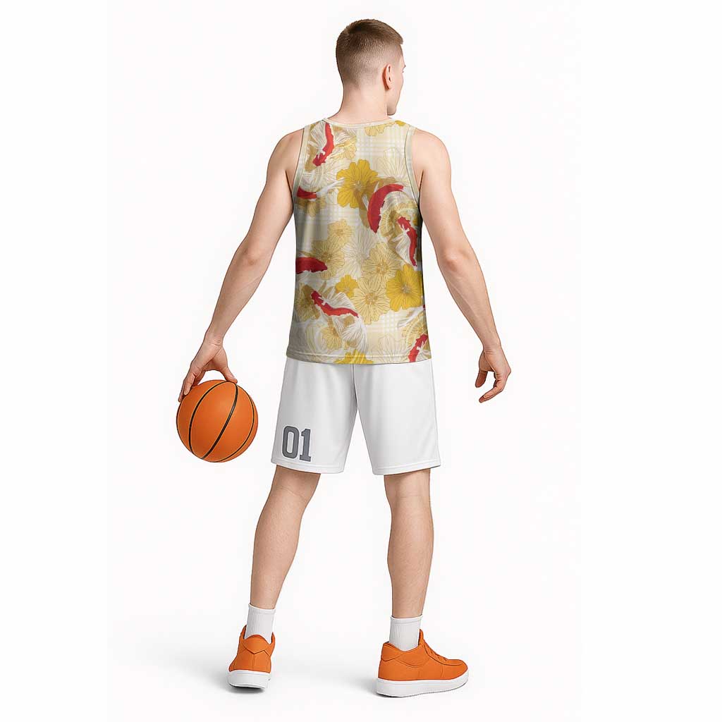 Beige Palaka Hawaii Aloha Basketball Jersey Koi Pond Mix Ilima Flowers - Polynesian Pride