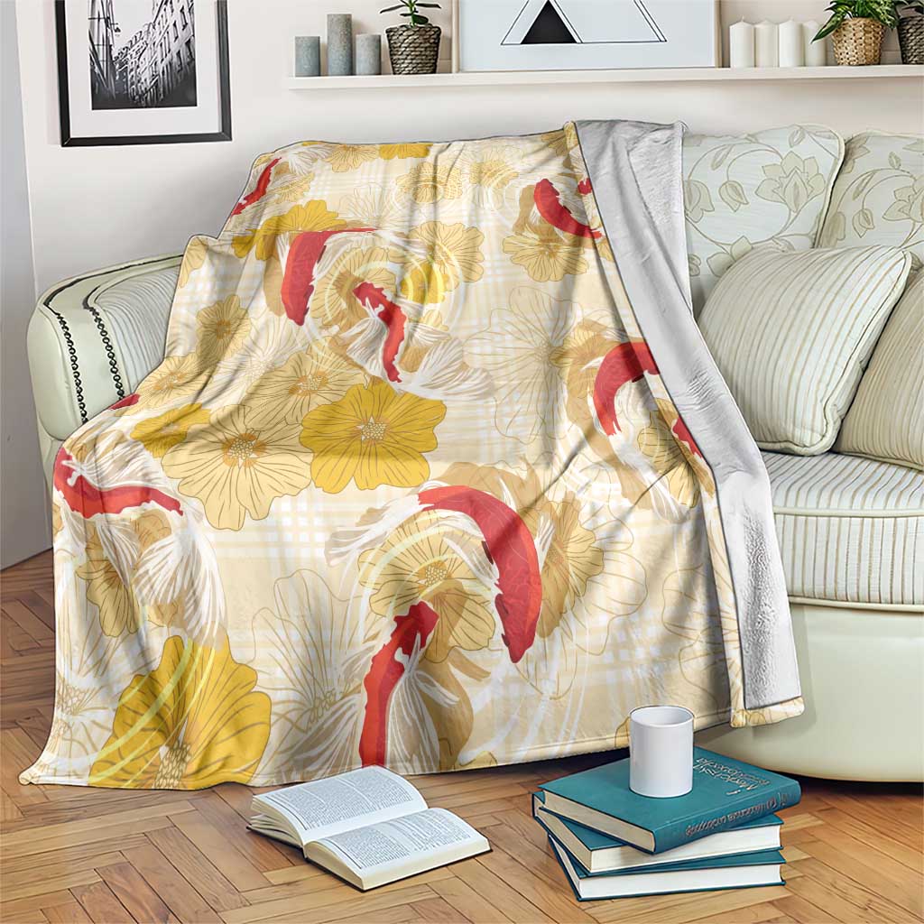 Beige Palaka Hawaii Aloha Blanket Koi Pond Mix Ilima Flowers - Polynesian Pride