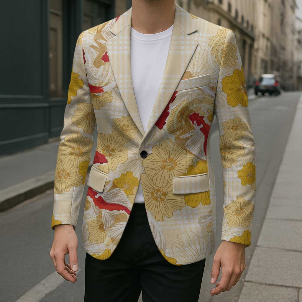 Beige Palaka Hawaii Aloha Blazer Koi Pond Mix Ilima Flowers - Polynesian Pride