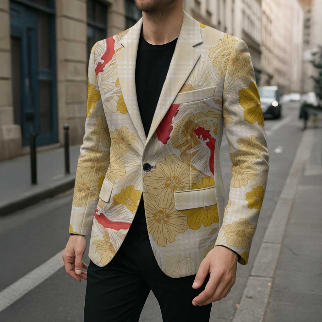 Beige Palaka Hawaii Aloha Blazer Koi Pond Mix Ilima Flowers - Polynesian Pride