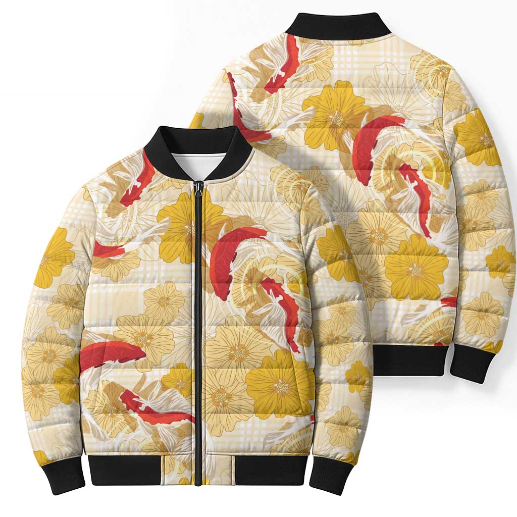Beige Palaka Hawaii Aloha Bomber Puffer Jacket Koi Pond Mix Ilima Flowers - Polynesian Pride