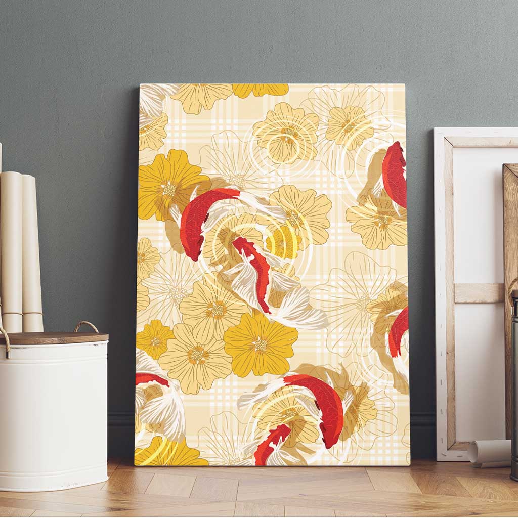 Beige Palaka Hawaii Aloha Canvas Wall Art Koi Pond Mix Ilima Flowers - Polynesian Pride