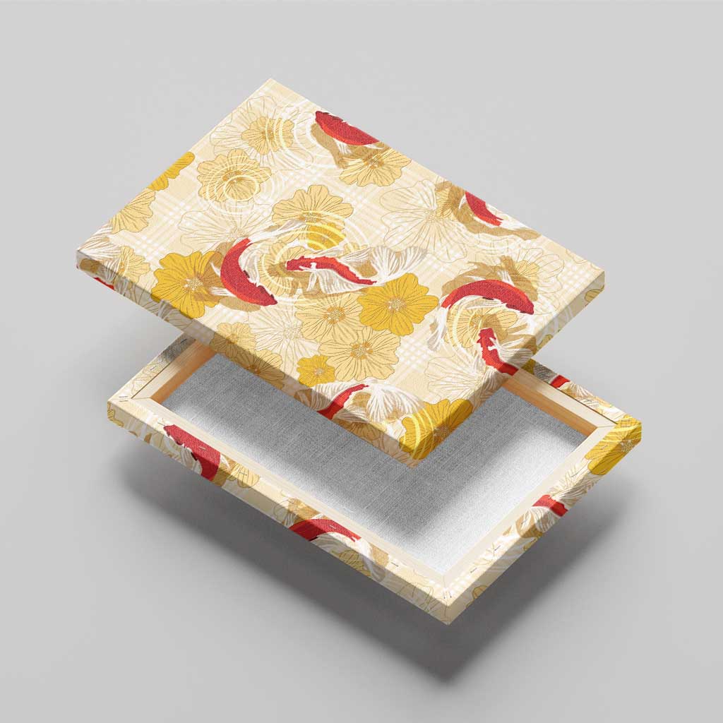 Beige Palaka Hawaii Aloha Canvas Wall Art Koi Pond Mix Ilima Flowers - Polynesian Pride