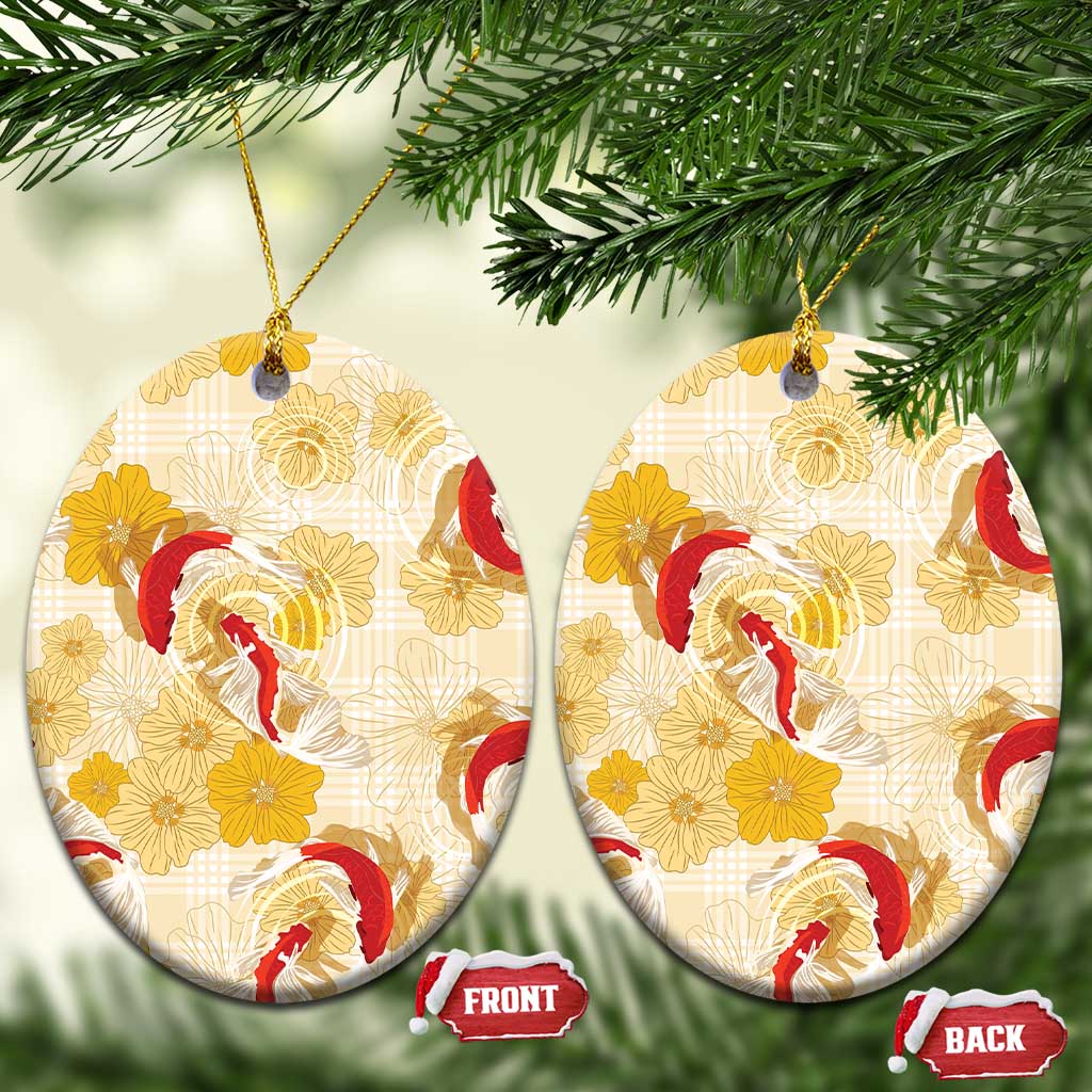 Beige Palaka Hawaii Aloha Ceramic Ornament Koi Pond Mix Ilima Flowers - Polynesian Pride