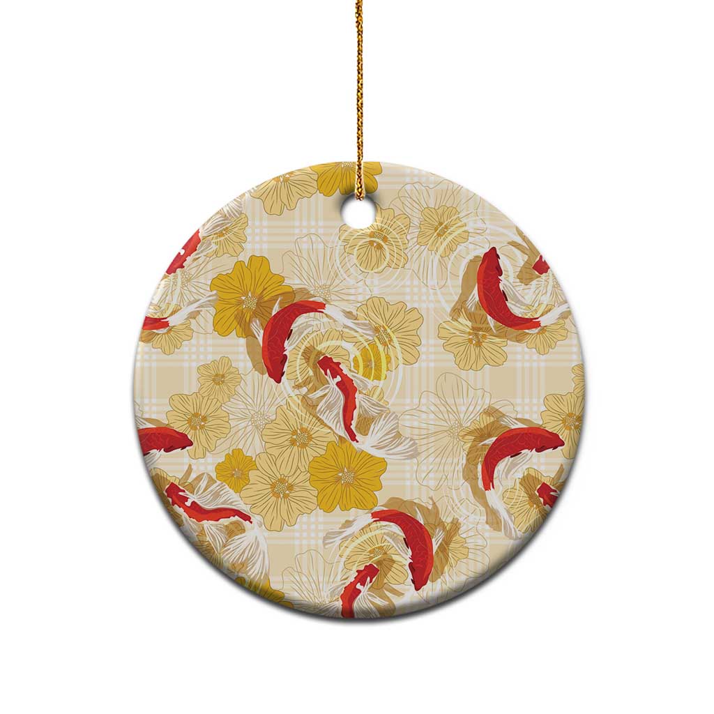 Beige Palaka Hawaii Aloha Ceramic Ornament Koi Pond Mix Ilima Flowers - Polynesian Pride