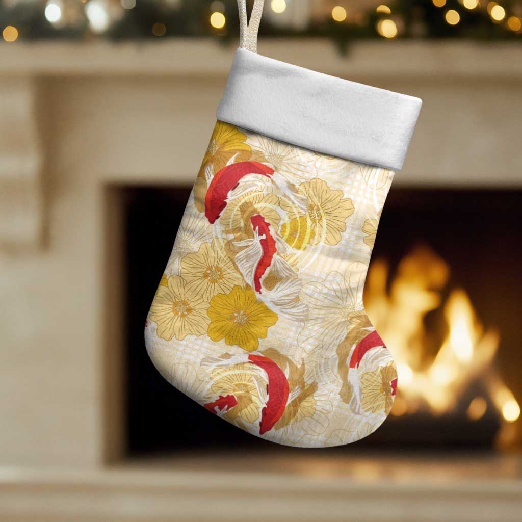 Beige Palaka Hawaii Aloha Christmas Stocking Koi Pond Mix Ilima Flowers - Polynesian Pride