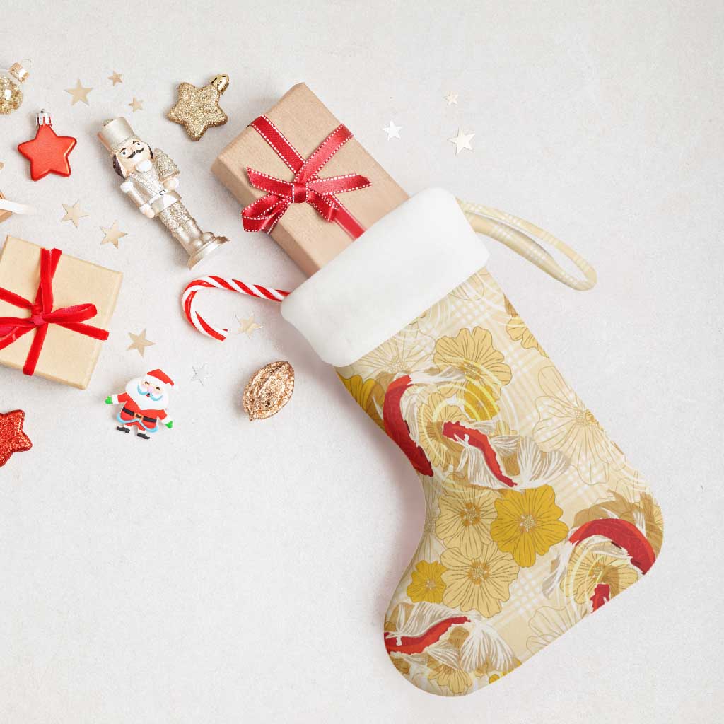 Beige Palaka Hawaii Aloha Christmas Stocking Koi Pond Mix Ilima Flowers - Polynesian Pride