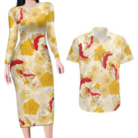 Beige Palaka Hawaii Aloha Couples Matching Long Sleeve Bodycon Dress and Hawaiian Shirt Koi Pond Mix Ilima Flowers - Polynesian Pride