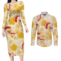 Beige Palaka Hawaii Aloha Couples Matching Long Sleeve Bodycon Dress and Long Sleeve Button Shirt Koi Pond Mix Ilima Flowers - Polynesian Pride