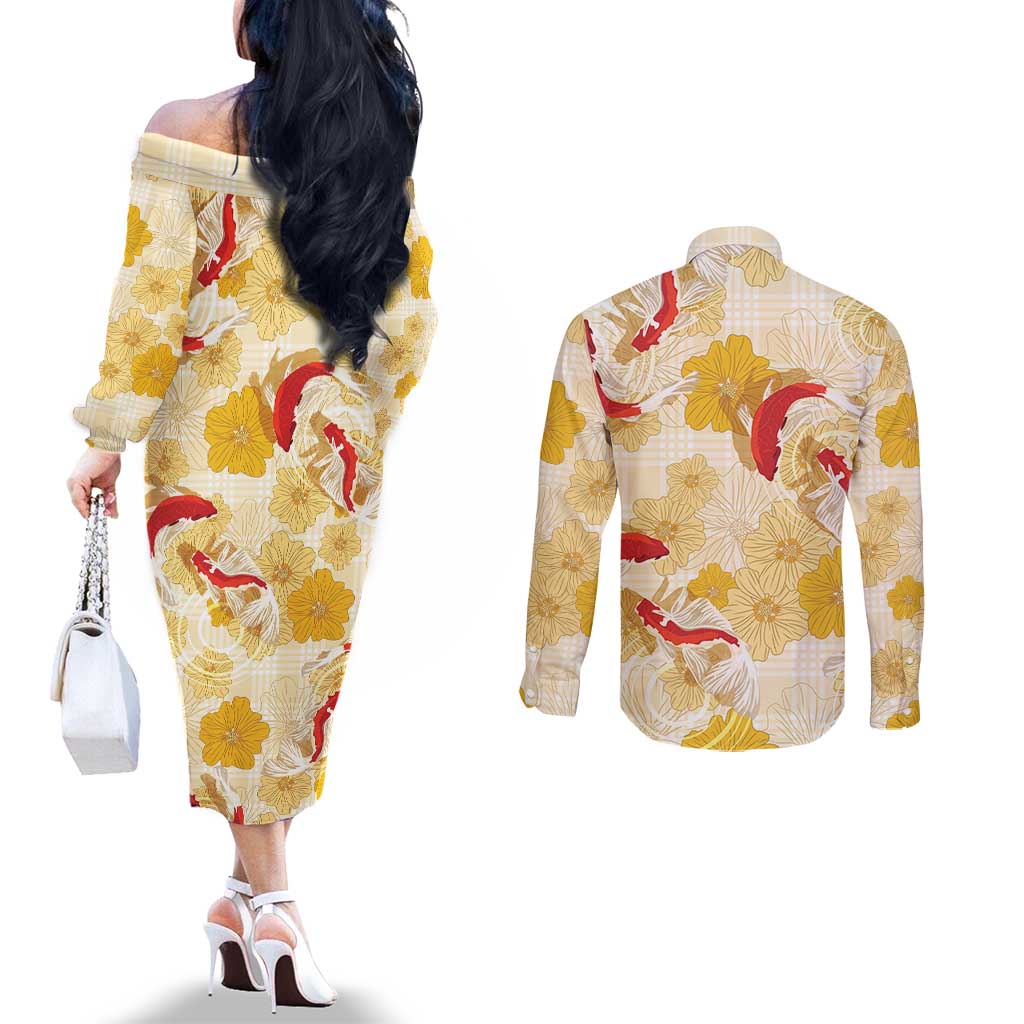 Beige Palaka Hawaii Aloha Couples Matching Off The Shoulder Long Sleeve Dress and Long Sleeve Button Shirt Koi Pond Mix Ilima Flowers - Polynesian Pride