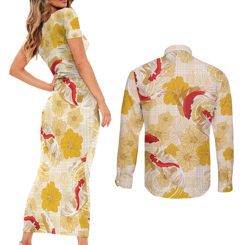 Beige Palaka Hawaii Aloha Couples Matching Short Sleeve Bodycon Dress and Long Sleeve Button Shirt Koi Pond Mix Ilima Flowers - Polynesian Pride