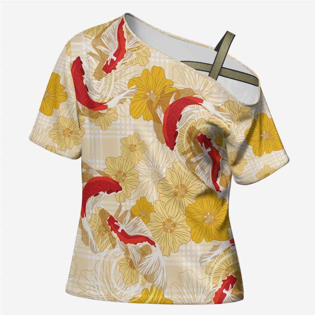 Beige Palaka Hawaii Aloha Cross Shoulder Shirt Koi Pond Mix Ilima Flowers - Polynesian Pride