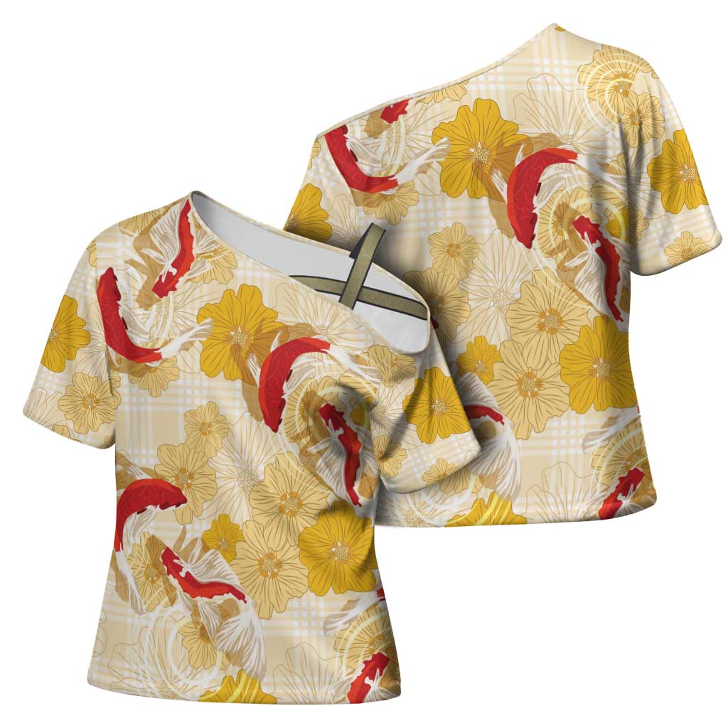 Beige Palaka Hawaii Aloha Cross Shoulder Shirt Koi Pond Mix Ilima Flowers - Polynesian Pride