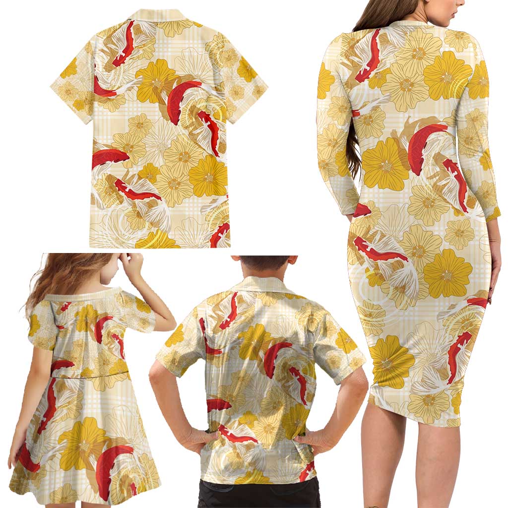 Beige Palaka Hawaii Aloha Family Matching Long Sleeve Bodycon Dress and Hawaiian Shirt Koi Pond Mix Ilima Flowers - Polynesian Pride