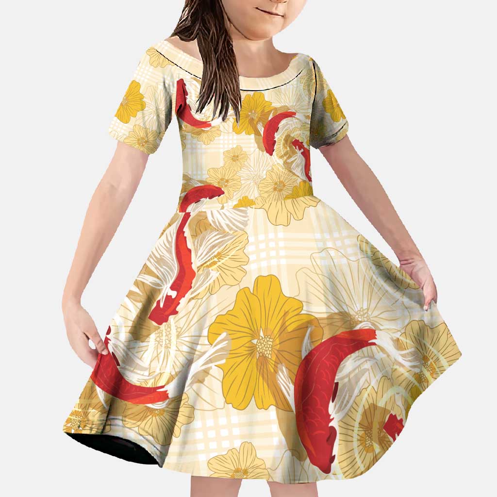 Beige Palaka Hawaii Aloha Family Matching Mermaid Dress and Hawaiian Shirt Koi Pond Mix Ilima Flowers - Polynesian Pride