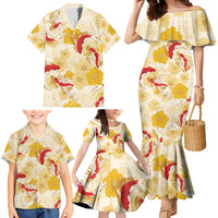 Beige Palaka Hawaii Aloha Family Matching Mermaid Dress and Hawaiian Shirt Koi Pond Mix Ilima Flowers - Polynesian Pride