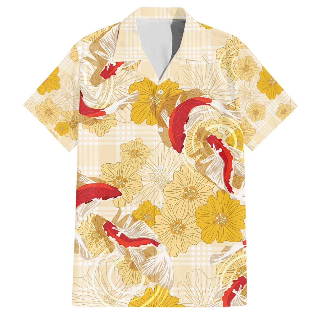 Beige Palaka Hawaii Aloha Family Matching Off Shoulder Maxi Dress and Hawaiian Shirt Koi Pond Mix Ilima Flowers - Polynesian Pride