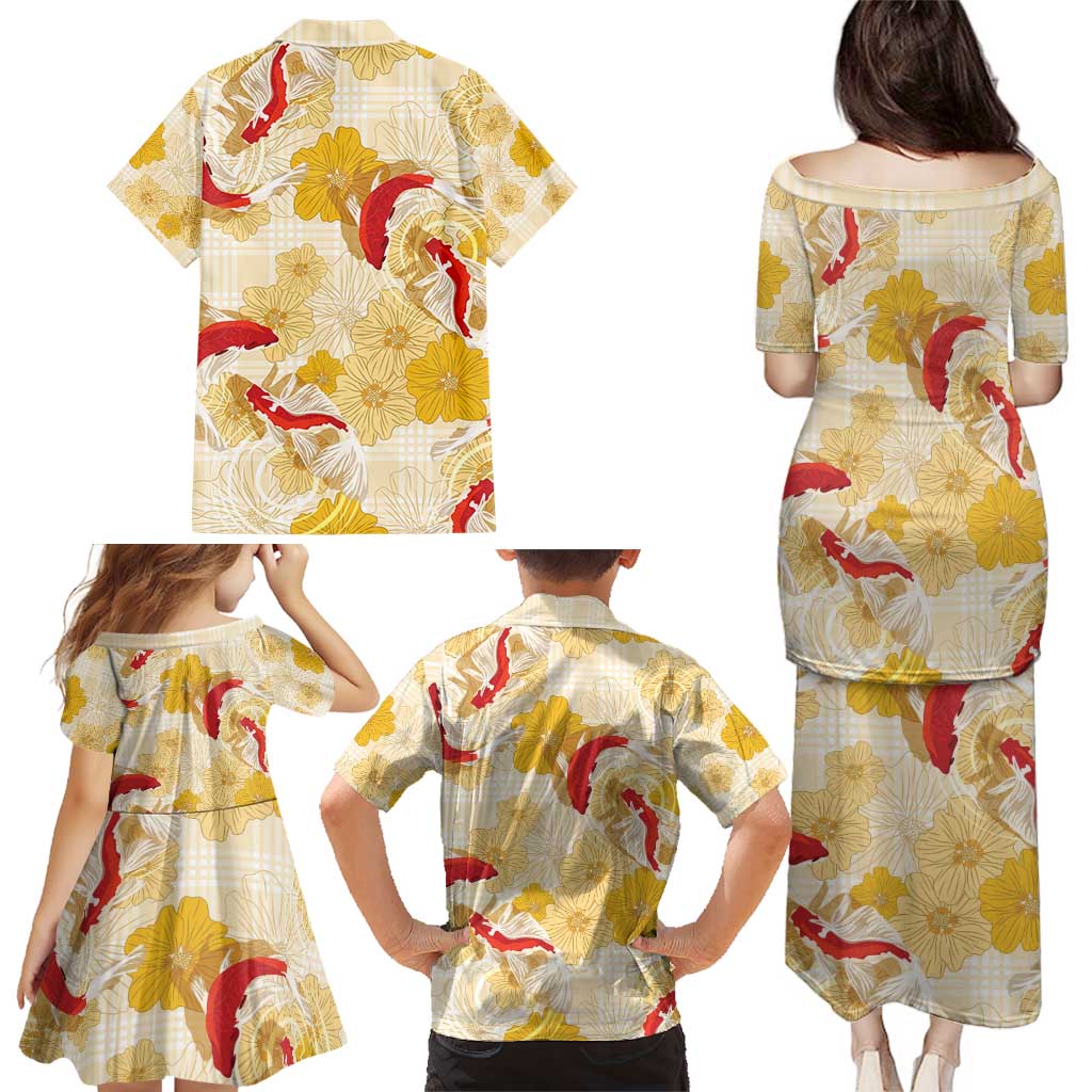 Beige Palaka Hawaii Aloha Family Matching Puletasi and Hawaiian Shirt Koi Pond Mix Ilima Flowers - Polynesian Pride