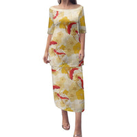 Beige Palaka Hawaii Aloha Family Matching Puletasi and Hawaiian Shirt Koi Pond Mix Ilima Flowers - Polynesian Pride