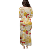 Beige Palaka Hawaii Aloha Family Matching Puletasi and Hawaiian Shirt Koi Pond Mix Ilima Flowers - Polynesian Pride