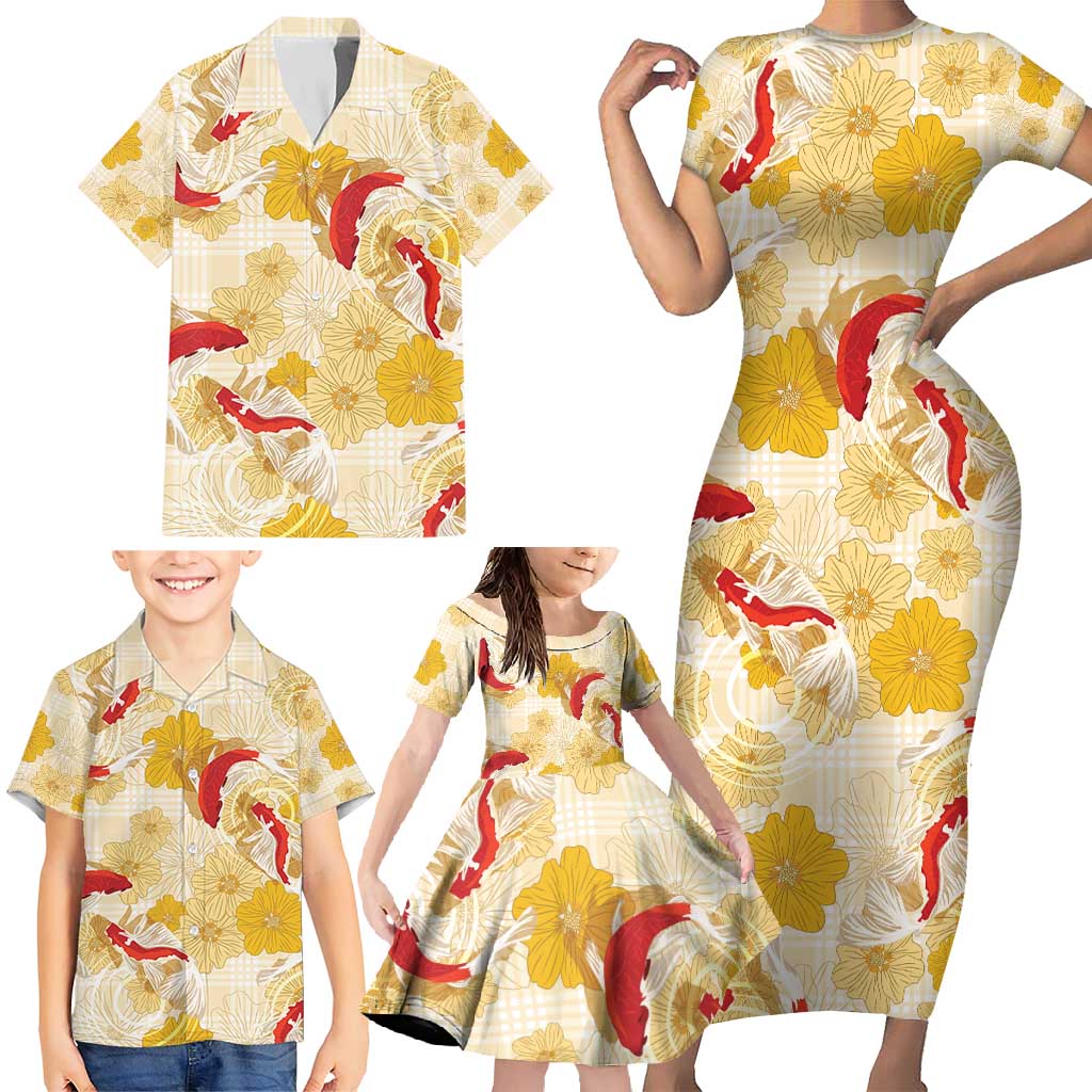 Beige Palaka Hawaii Aloha Family Matching Short Sleeve Bodycon Dress and Hawaiian Shirt Koi Pond Mix Ilima Flowers - Polynesian Pride