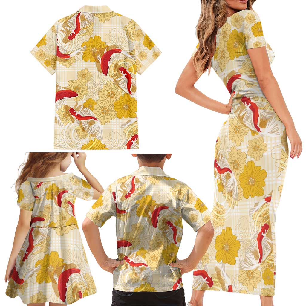 Beige Palaka Hawaii Aloha Family Matching Short Sleeve Bodycon Dress and Hawaiian Shirt Koi Pond Mix Ilima Flowers - Polynesian Pride