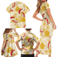 Beige Palaka Hawaii Aloha Family Matching Short Sleeve Bodycon Dress and Hawaiian Shirt Koi Pond Mix Ilima Flowers - Polynesian Pride