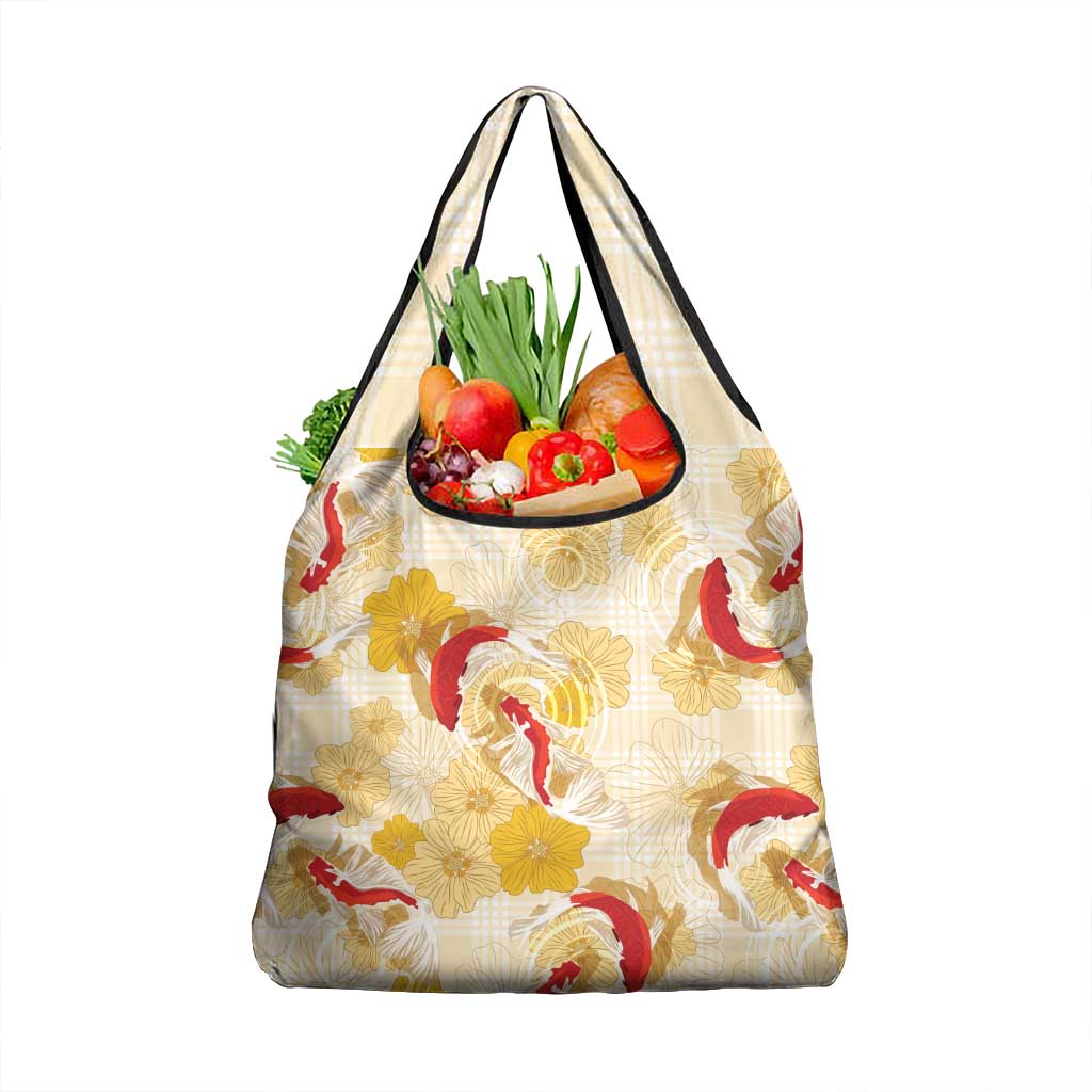 Beige Palaka Hawaii Aloha Grocery Bag Koi Pond Mix Ilima Flowers - Polynesian Pride