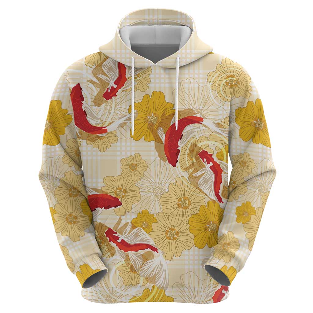 Beige Palaka Hawaii Aloha Hoodie Koi Pond Mix Ilima Flowers - Polynesian Pride