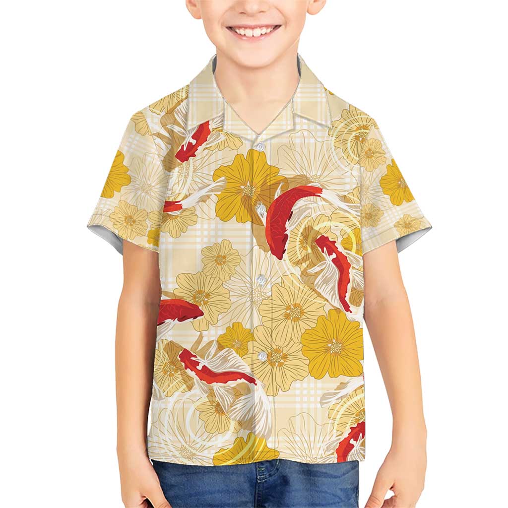 Beige Palaka Hawaii Aloha Kid Hawaiian Shirt Koi Pond Mix Ilima Flowers - Polynesian Pride