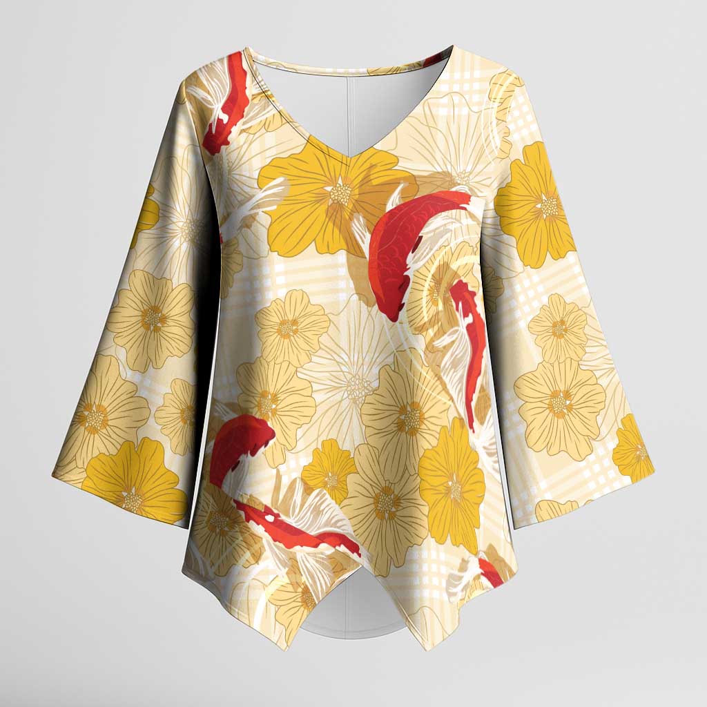 Beige Palaka Hawaii Aloha Kimono Sleeve Blouse Koi Pond Mix Ilima Flowers - Polynesian Pride