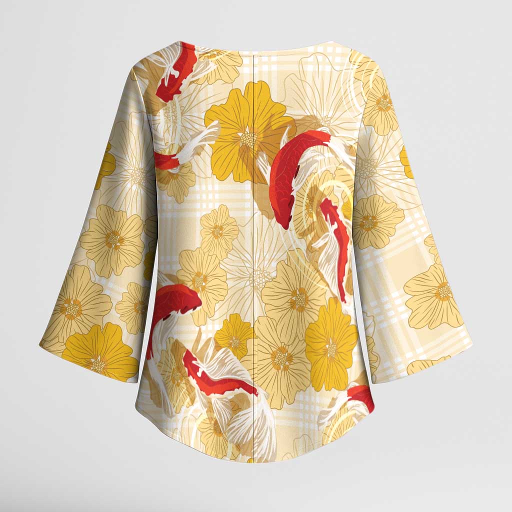 Beige Palaka Hawaii Aloha Kimono Sleeve Blouse Koi Pond Mix Ilima Flowers - Polynesian Pride