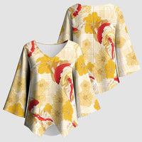 Beige Palaka Hawaii Aloha Kimono Sleeve Blouse Koi Pond Mix Ilima Flowers - Polynesian Pride