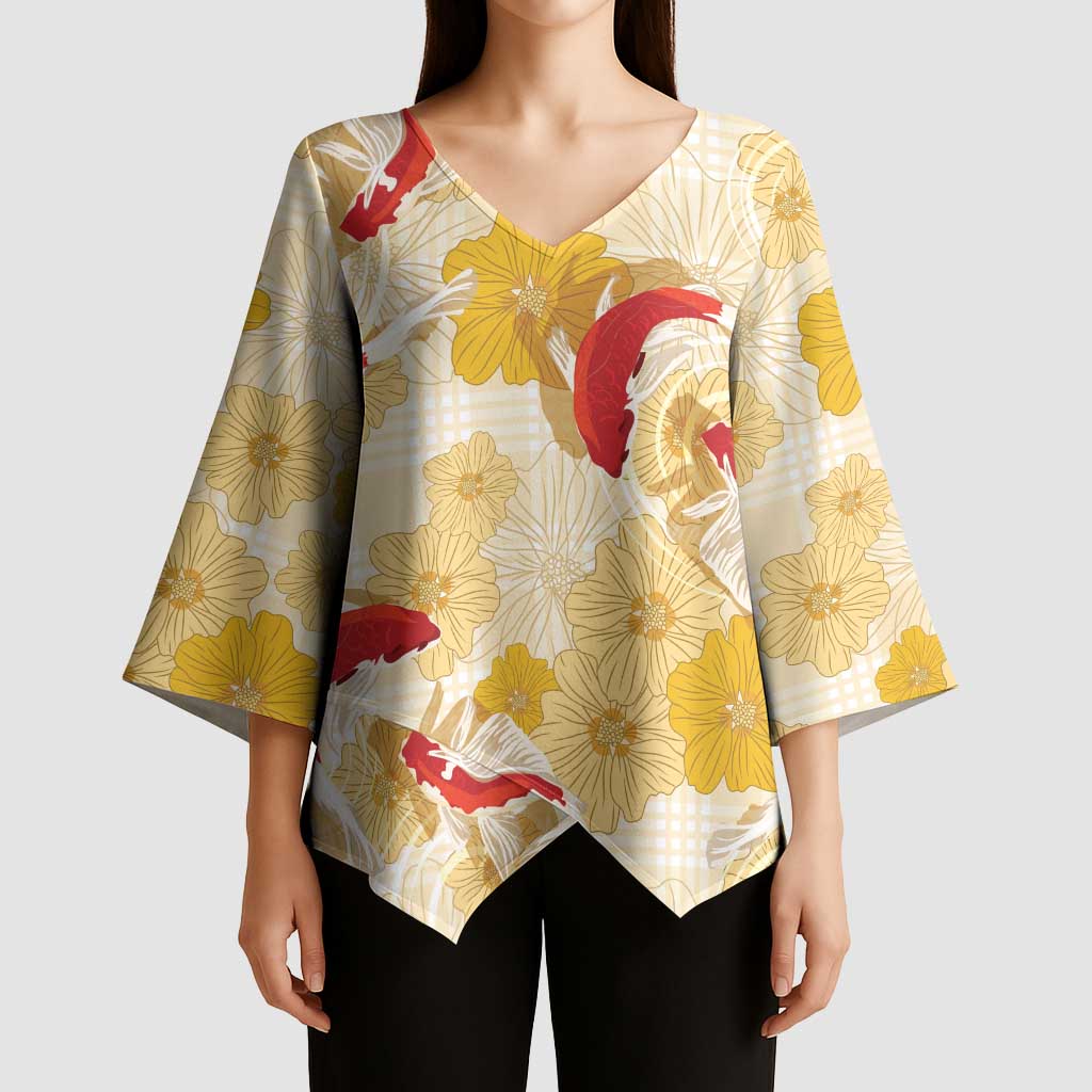 Beige Palaka Hawaii Aloha Kimono Sleeve Blouse Koi Pond Mix Ilima Flowers - Polynesian Pride