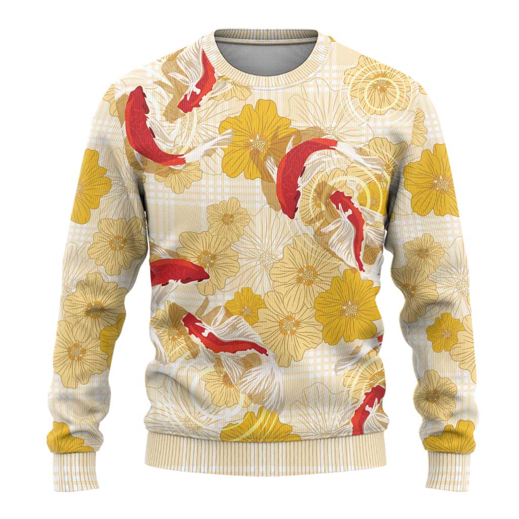 Beige Palaka Hawaii Aloha Ugly Christmas Sweater Koi Pond Mix Ilima Flowers - Polynesian Pride
