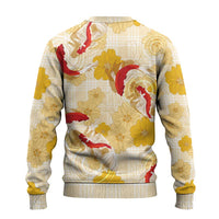 Beige Palaka Hawaii Aloha Ugly Christmas Sweater Koi Pond Mix Ilima Flowers - Polynesian Pride