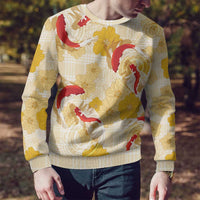 Beige Palaka Hawaii Aloha Ugly Christmas Sweater Koi Pond Mix Ilima Flowers - Polynesian Pride