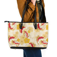 Beige Palaka Hawaii Aloha Leather Tote Bag Koi Pond Mix Ilima Flowers - Polynesian Pride