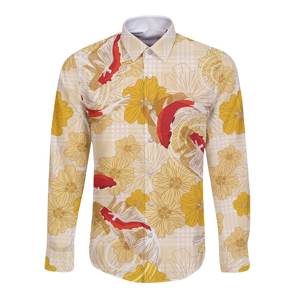 Beige Palaka Hawaii Aloha Long Sleeve Button Shirt Koi Pond Mix Ilima Flowers - Polynesian Pride
